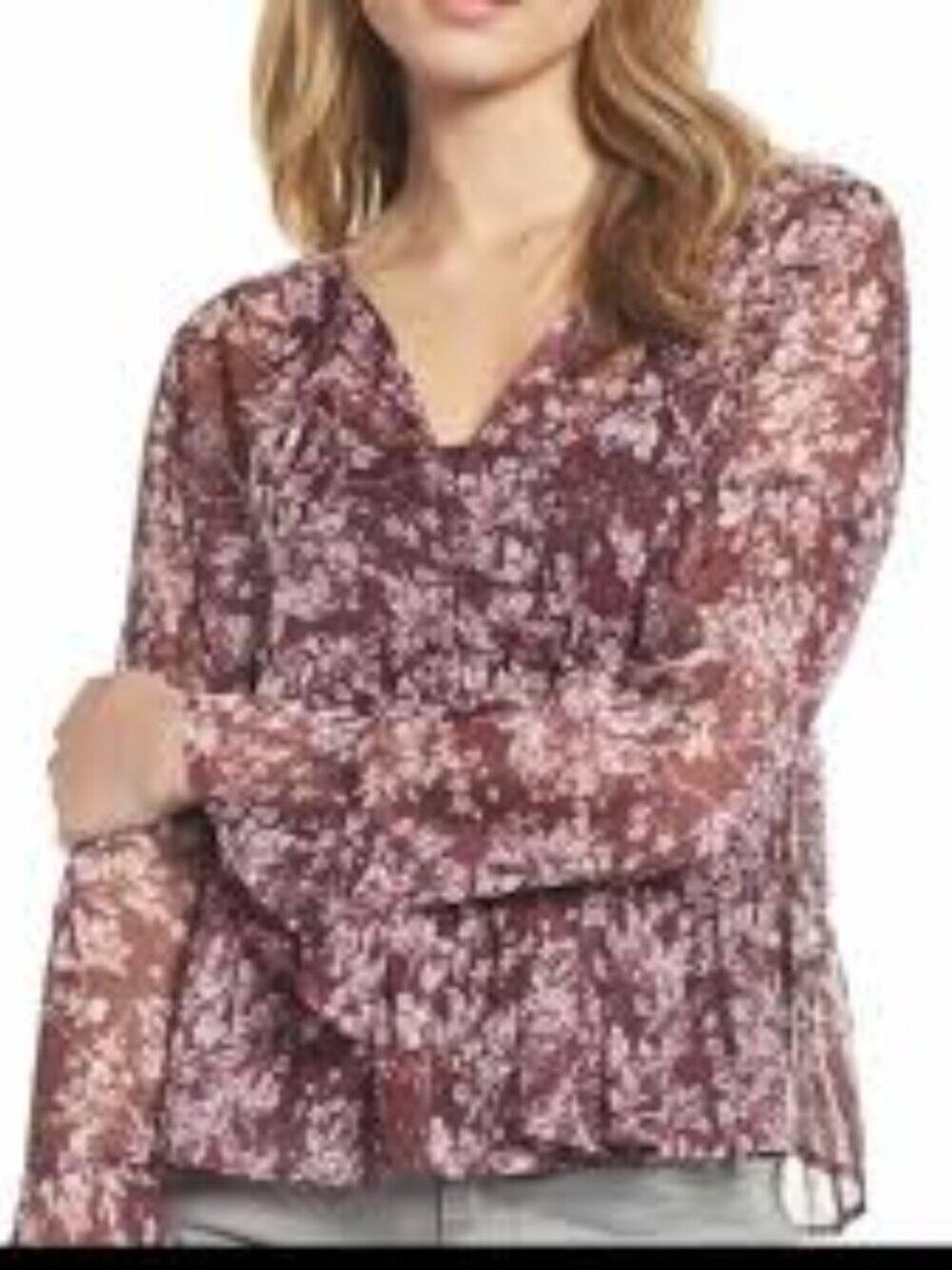 Lucky Brand Burgundy Floral Long Sleeve Ruffle Blouse Sheer Boho Size L